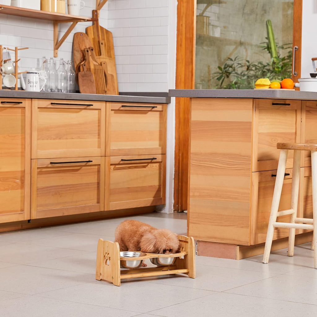 Adjustable Bamboo Elevated Pet Bowls – Raised Food & Water Feeder for Cats & Medium Dogs