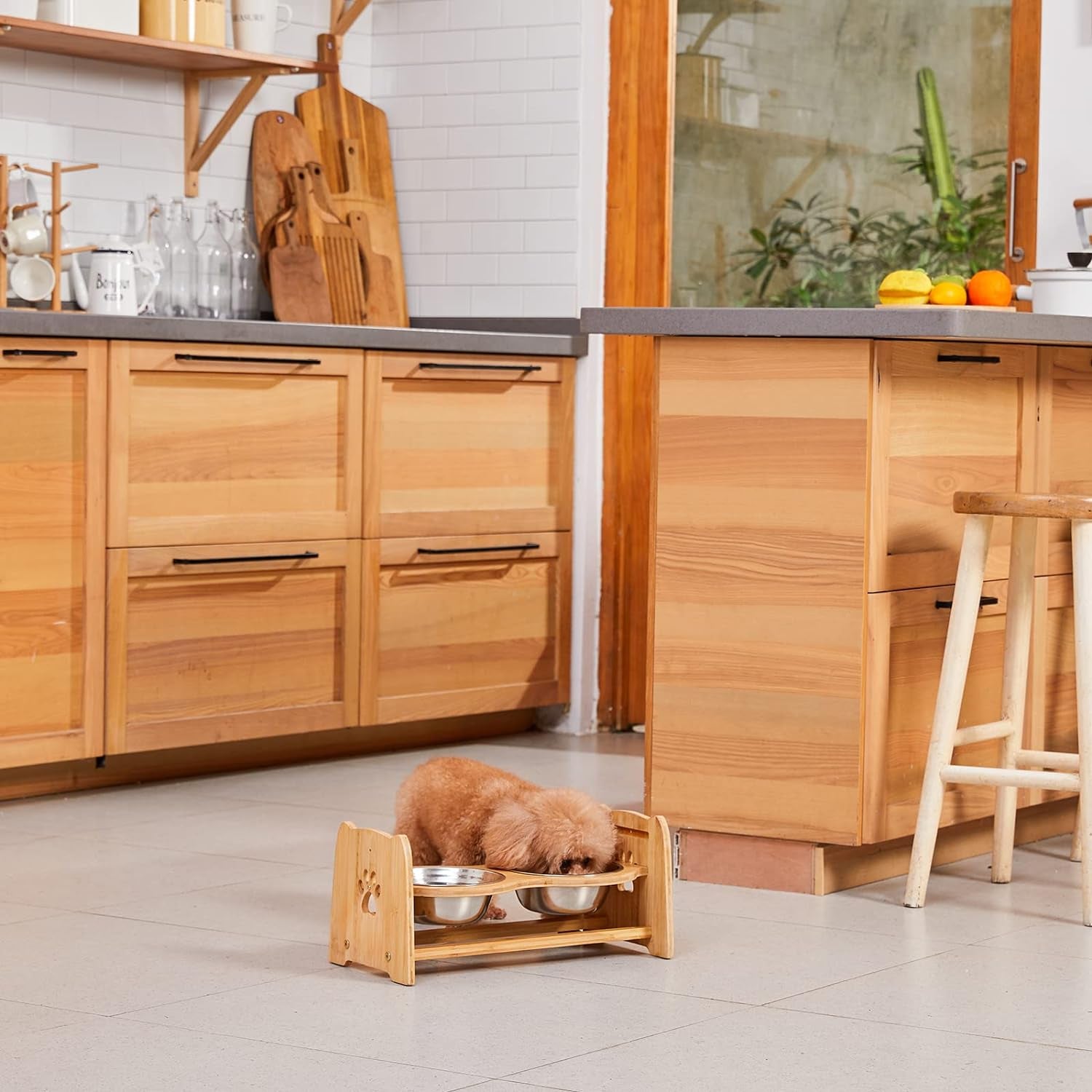 Adjustable Bamboo Elevated Pet Bowls – Raised Food & Water Feeder for Cats & Medium Dogs
