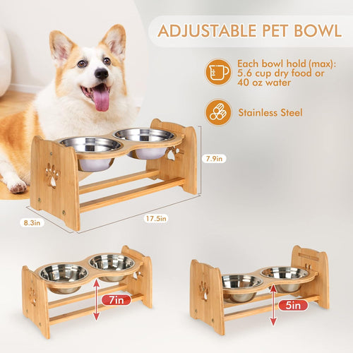Adjustable Bamboo Elevated Pet Bowls – Raised Food & Water Feeder for Cats & Medium Dogs