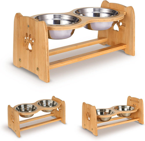 Adjustable Bamboo Elevated Pet Bowls – Raised Food & Water Feeder for Cats & Medium Dogs