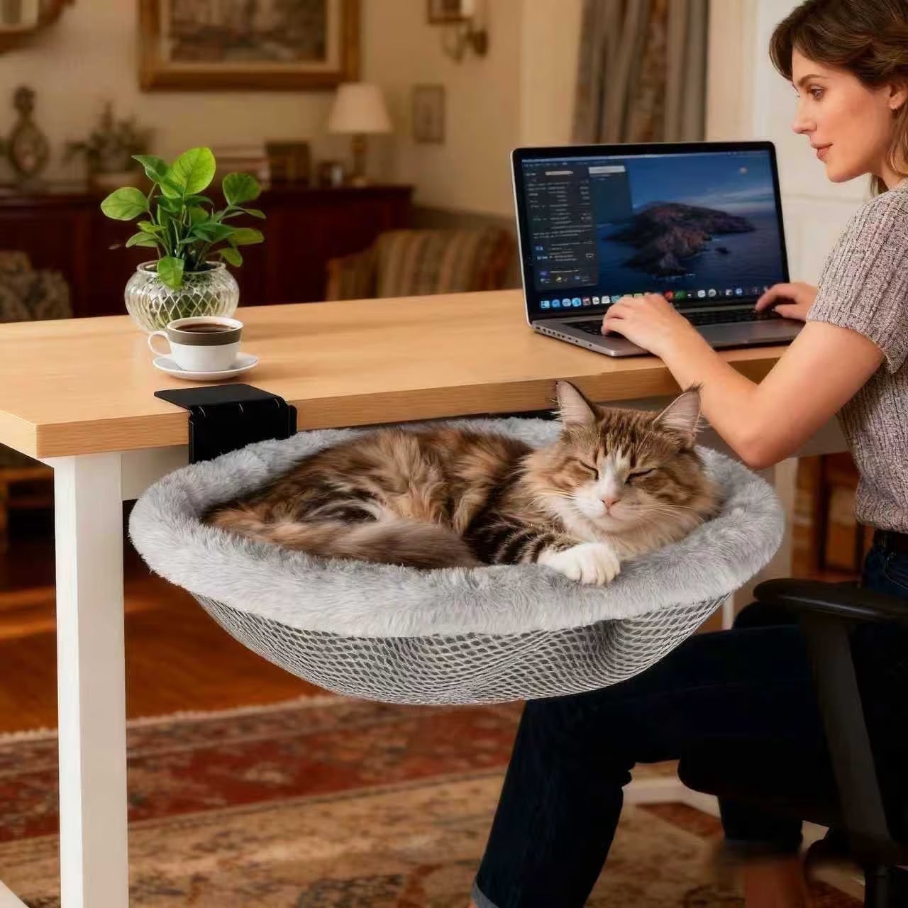 Cat Desk Bed, Space Saving Foldable Cat Bed for Desk, Supports 50 Lbs, Heavy Duty Side Perch for Gaming Desks and Home Office, Machine Washable