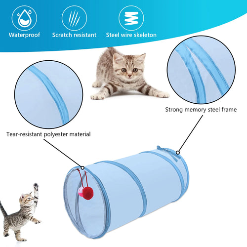 21PCS Cat Toy Set: Folding Tunnel, Feather Teaser & Crinkle Balls for Kittens/Puppies (Greyish Blue)