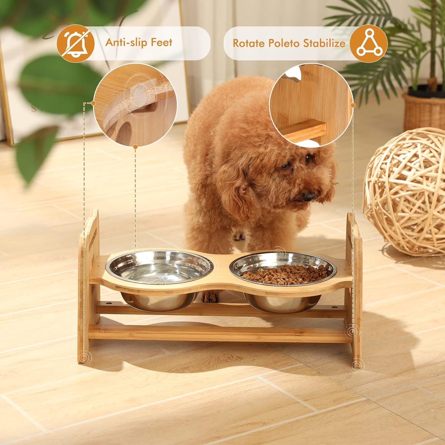 Adjustable Bamboo Elevated Pet Bowls – Raised Food & Water Feeder for Cats & Medium Dogs