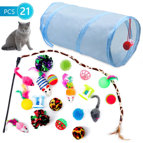 21PCS Cat Toy Set: Folding Tunnel, Feather Teaser & Crinkle Balls for Kittens/Puppies (Greyish Blue)