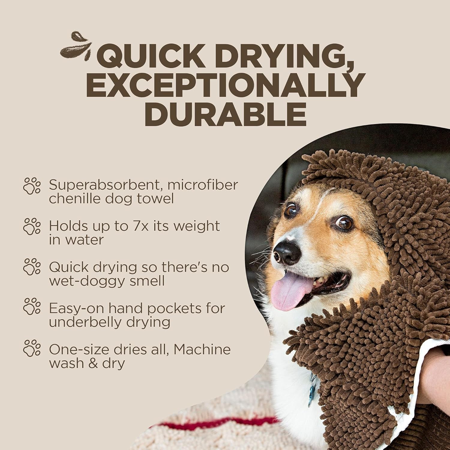 Soggy Doggy Super Shammy Dog Towel – Absorbent Microfiber Chenille Pet Towel for Drying Wet Dogs, Paws, Quick Dry Dog Shammy with Hand Pockets, Machine Washable – Chocolate/Oatmeal Trim, 31” X 14”