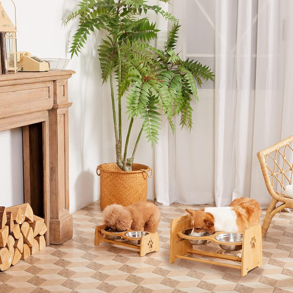 Adjustable Bamboo Elevated Pet Bowls – Raised Food & Water Feeder for Cats & Medium Dogs